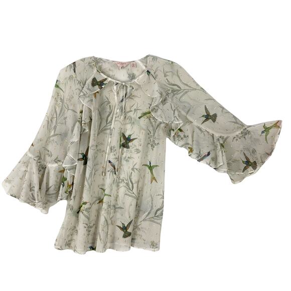 NWOT TED BAKER Top 1/4 Ivory Chiffon Hummingbird Gold Silver Swiss-Dot Long-Slv - Picture 2 of 13